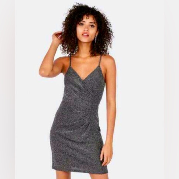 Express Metallic Mini Holiday Glitter Sparkly Shimmer Dress Draped Straps XS - Picture 1 of 4